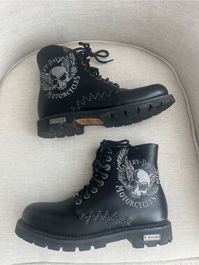 HARLEY-DAVIDSON Rare Skull Willie G Wing Flying Lace Up Combat Moto Biker Boots